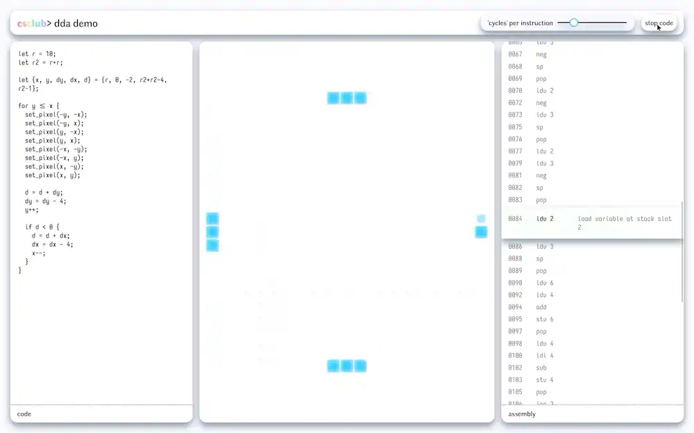 code on the left side produces an image of a circle in the middle with a disassembly shown on the right side